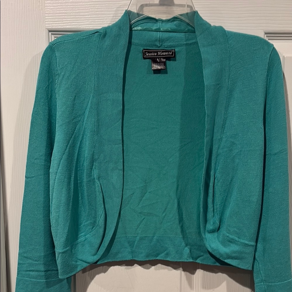Jessica Howard Turquoise Open-Front Cropped Cardigan